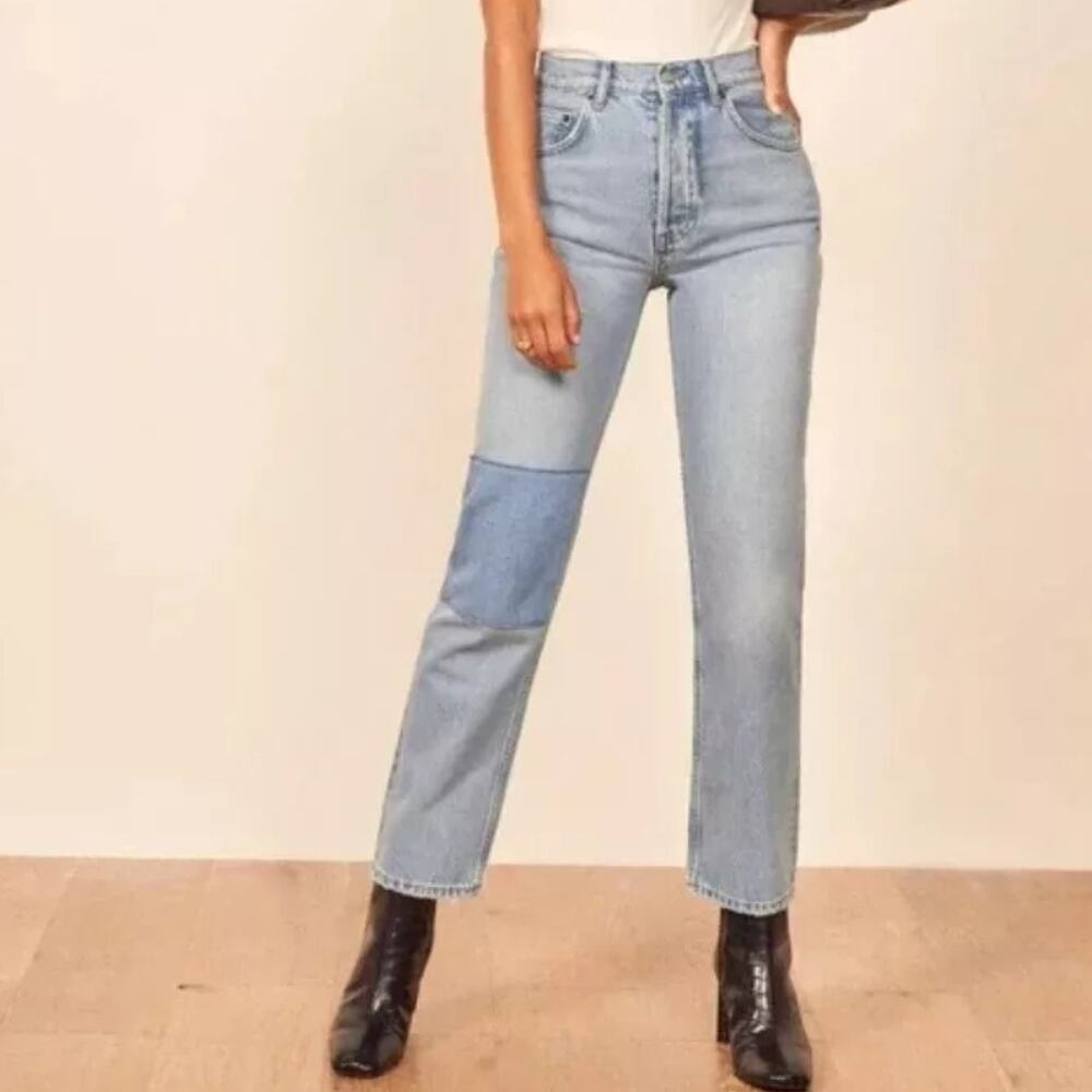 Reformation Cynthia Patch High Rise Jeans Straight Leg Tahoe Wash Blue Denim 29